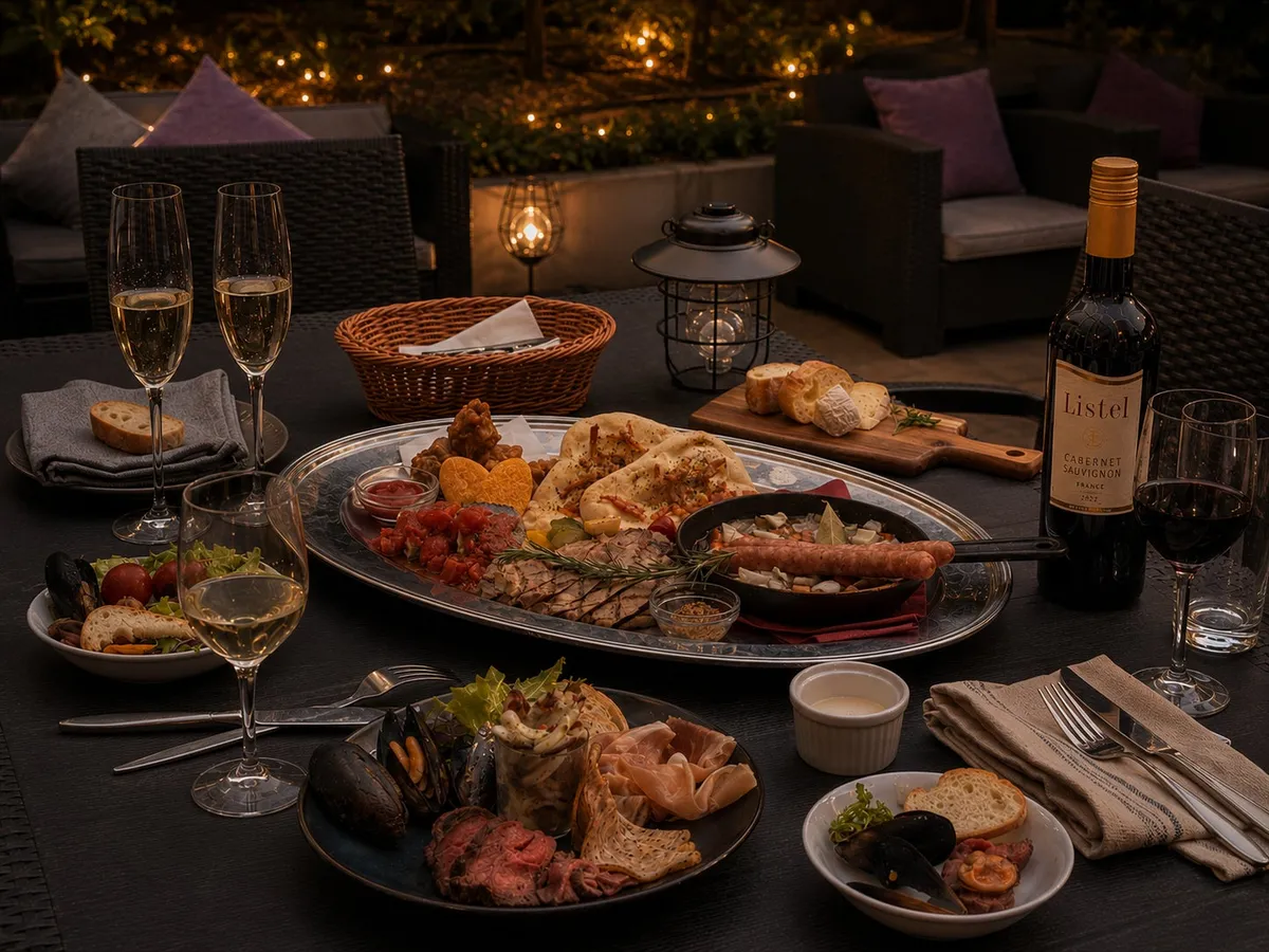 夜のテラス席に並ぶ豪華なプレート料理とワインの数々