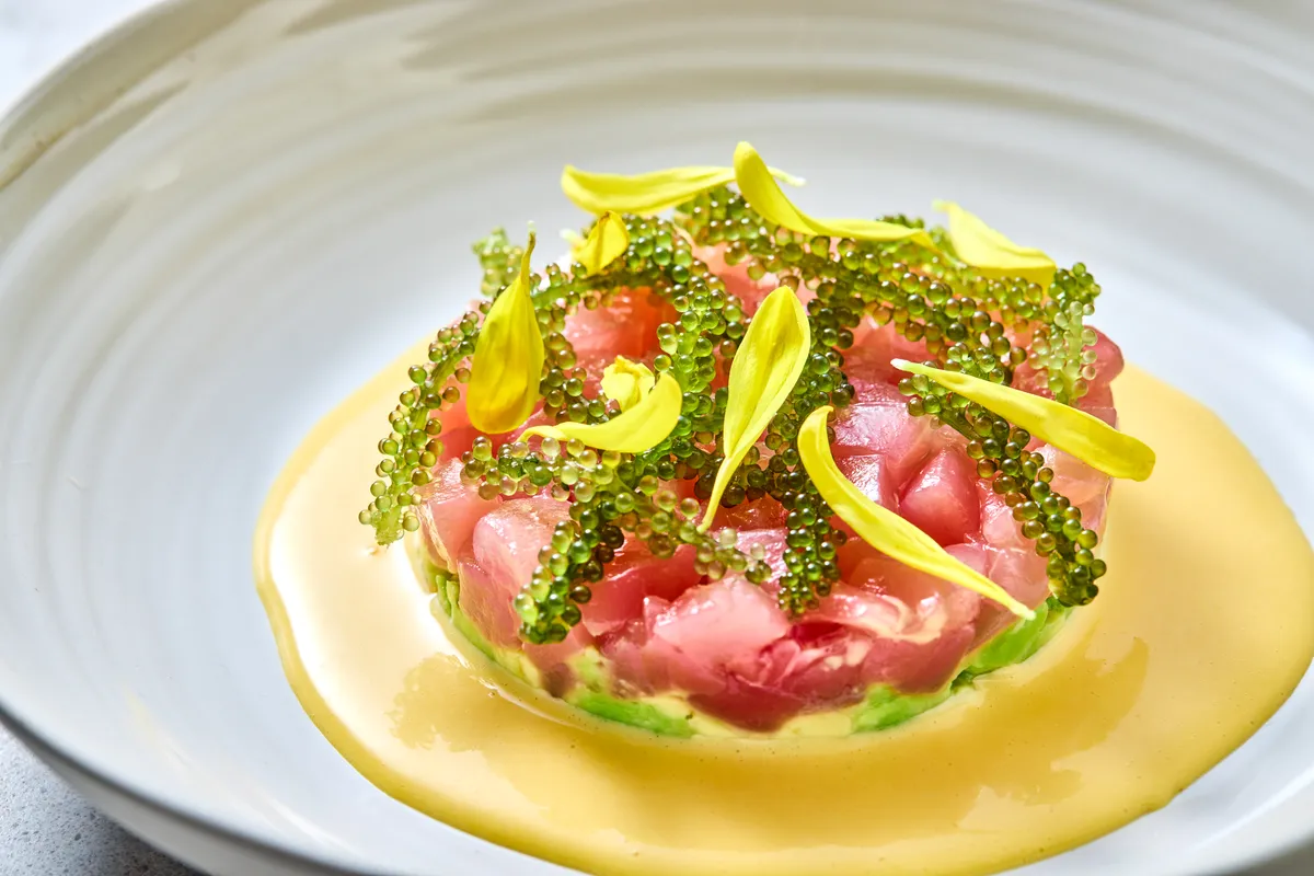 マグロと海ぶどうを鮮やかに盛り付けた創作料理